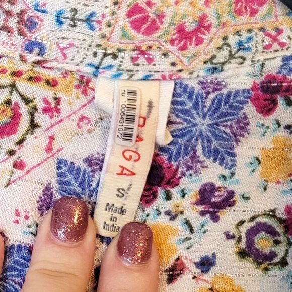 Raga Anthropologie Women's White Metallic Floral Boho Button Down Shirt Size S - Picture 5 of 6